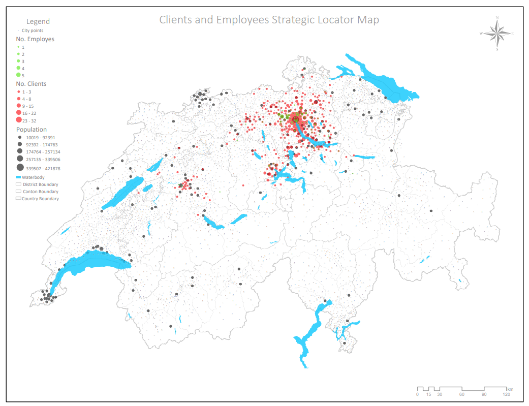 Comprehensive Strategy Map for a Cleaning Company in Switzerland Key Highlights Cluster-based visualization of clients and workforce Color-coded mapping for intuitive interpretation Scalable solution for operational optimization Data-driven approach to service planning Real-world business intelligence powered by GIS