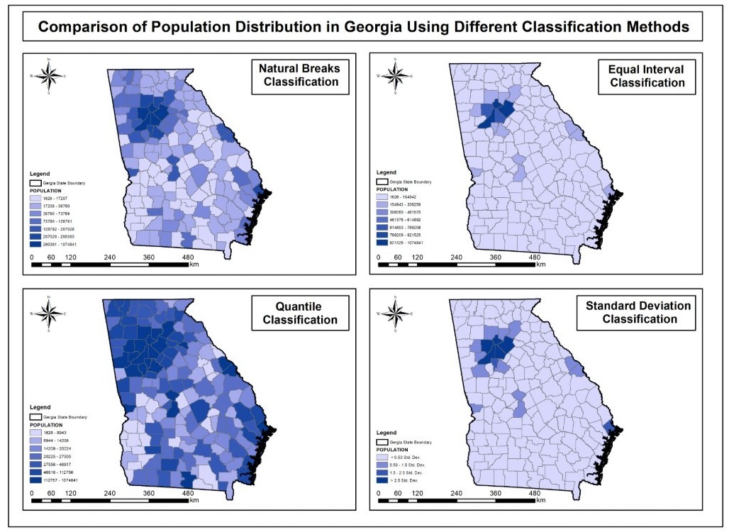 Key Highlights Comparative choropleth map series using four classification methods High-quality cartographic design with consistent styling Data-driven insights into classification impacts Clean and professional PDF deliverable Focus on both analytical accuracy and visual clarity