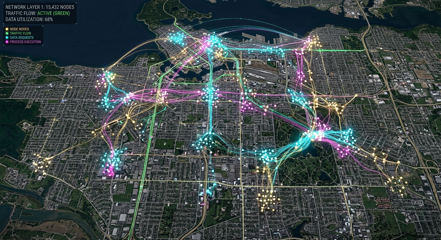 Neural network visualization overlaid on a satellite map of a city